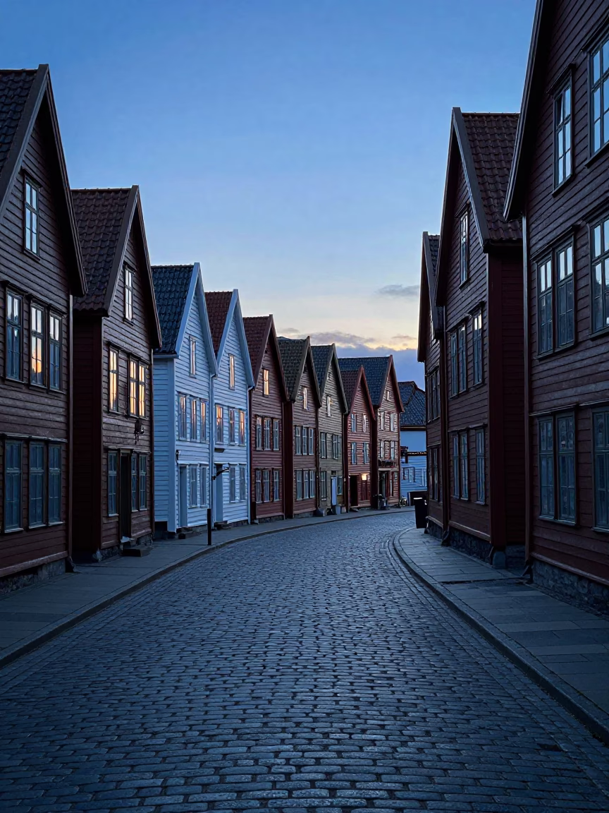 Cobblestone Street in Bergen at Sunrise Light in in Bergen, Norway