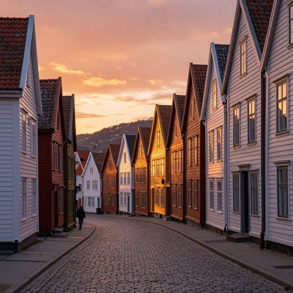Cobblestone Street in Bergen at Sunset Light in in Bergen, Norway
