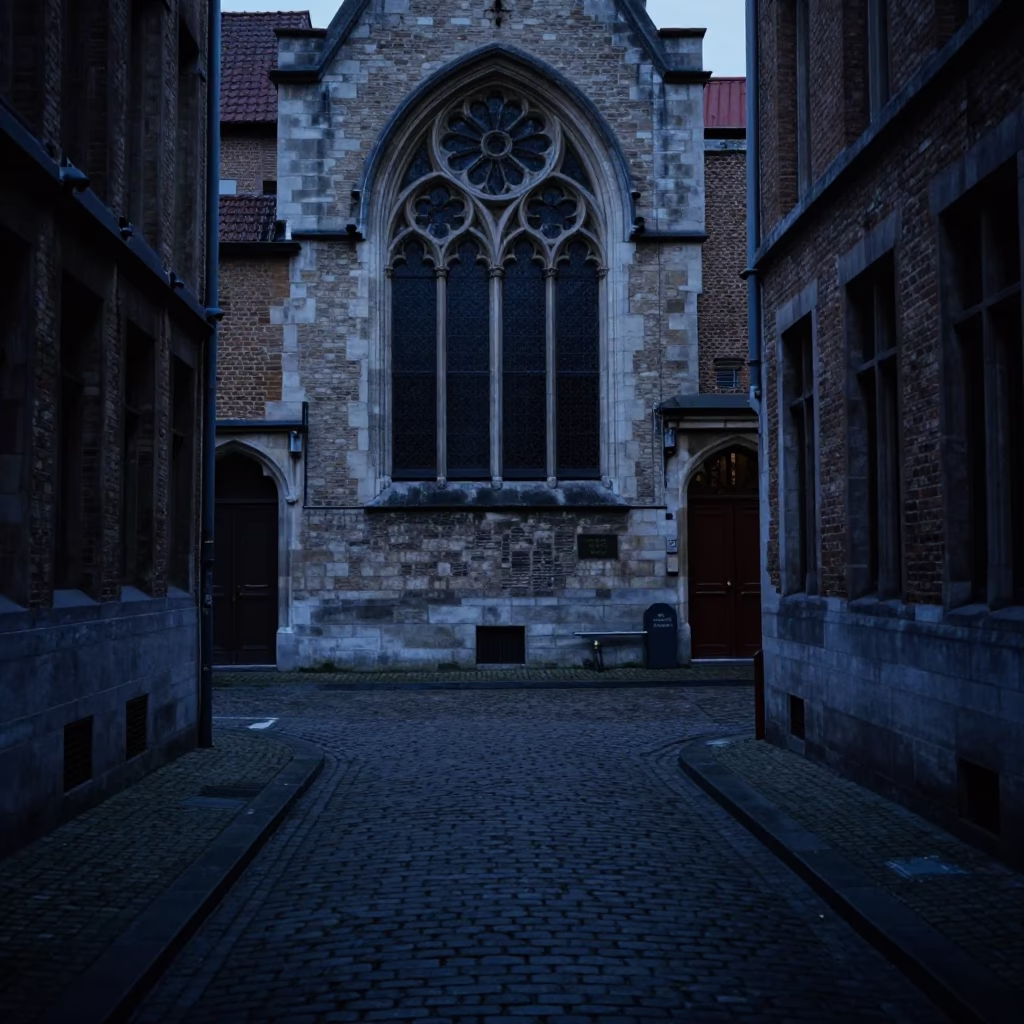 Cobblestone Street in Brussels at The Predawn Darkness Light in in Brussels, Belgium