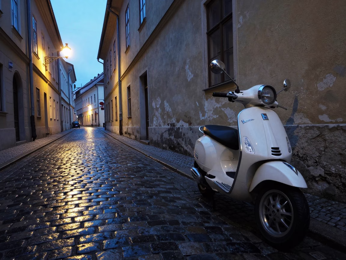 Cobblestone Street in Budapest at The Predawn Darkness Light in in Budapest, Hungary