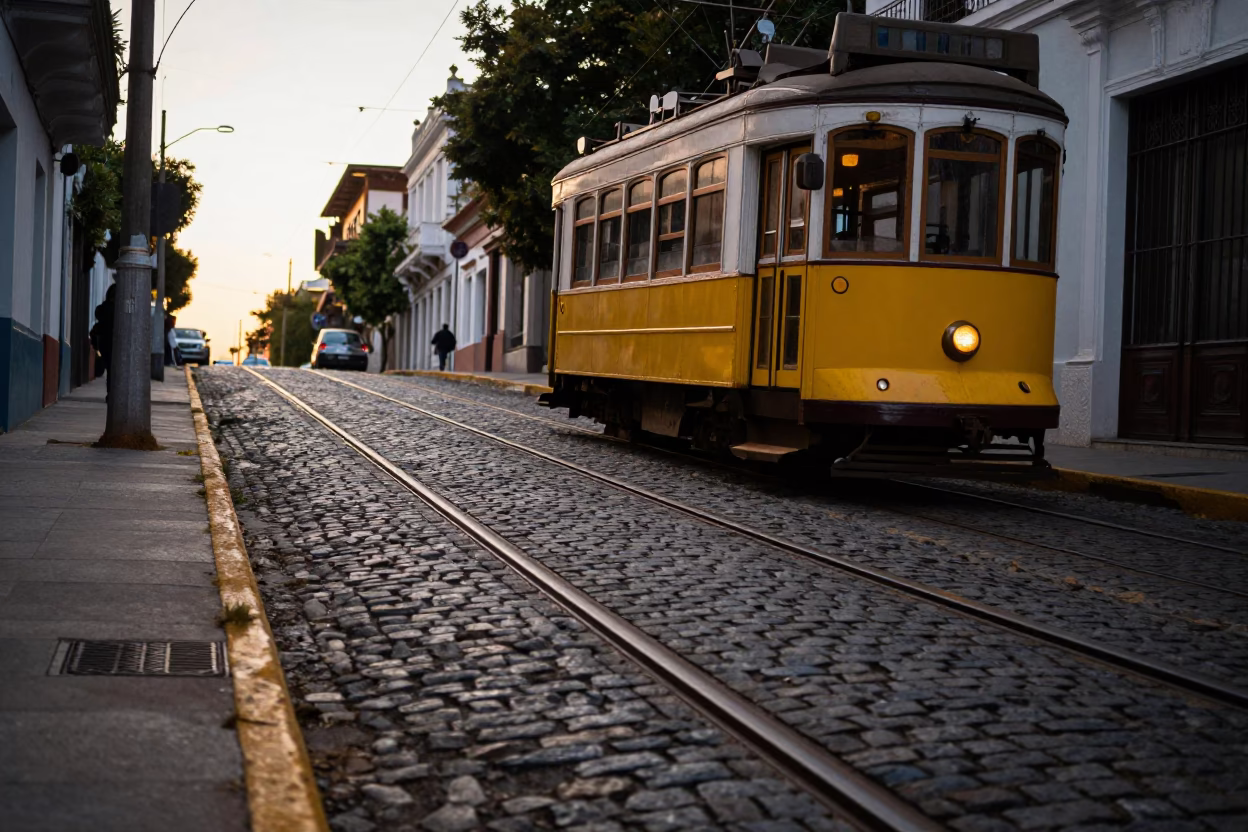 Cobblestone Street in Buenos Aires at The Early Evening Light in in Buenos Aires, Argentina
