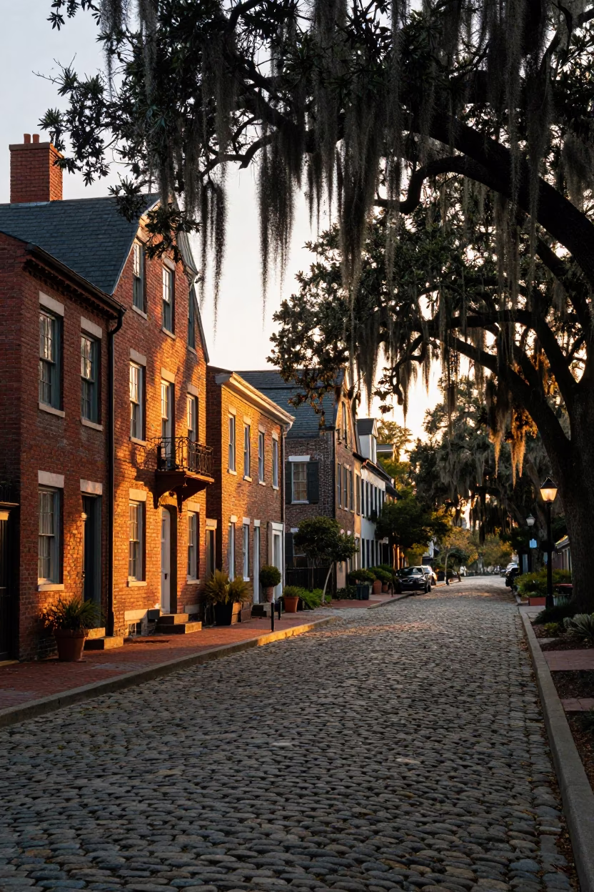 Cobblestone Street in Charleston at As The Sun Drops Toward The Horizon in in Charleston, South Carolina, United States