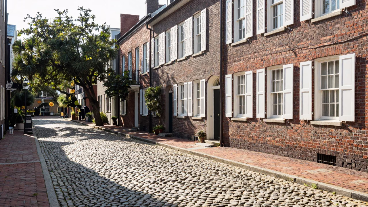 Cobblestone Street in Charleston at Bright Midmorning Light in in Charleston, South Carolina, United States