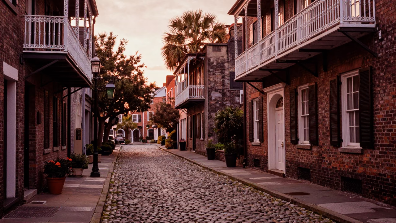 Cobblestone Street in Charleston at Copper-toned Light Before Dusk in in Charleston, South Carolina, United States