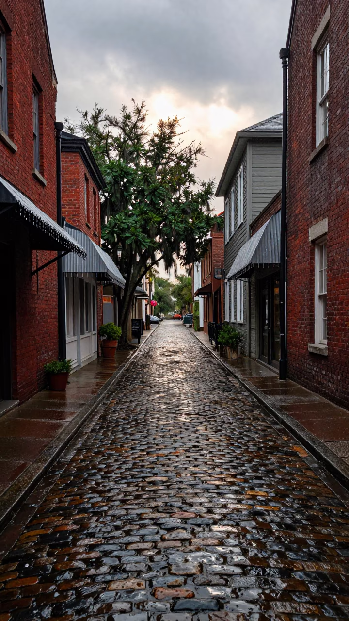 Cobblestone Street in Charleston at First Light in in Charleston, South Carolina, United States