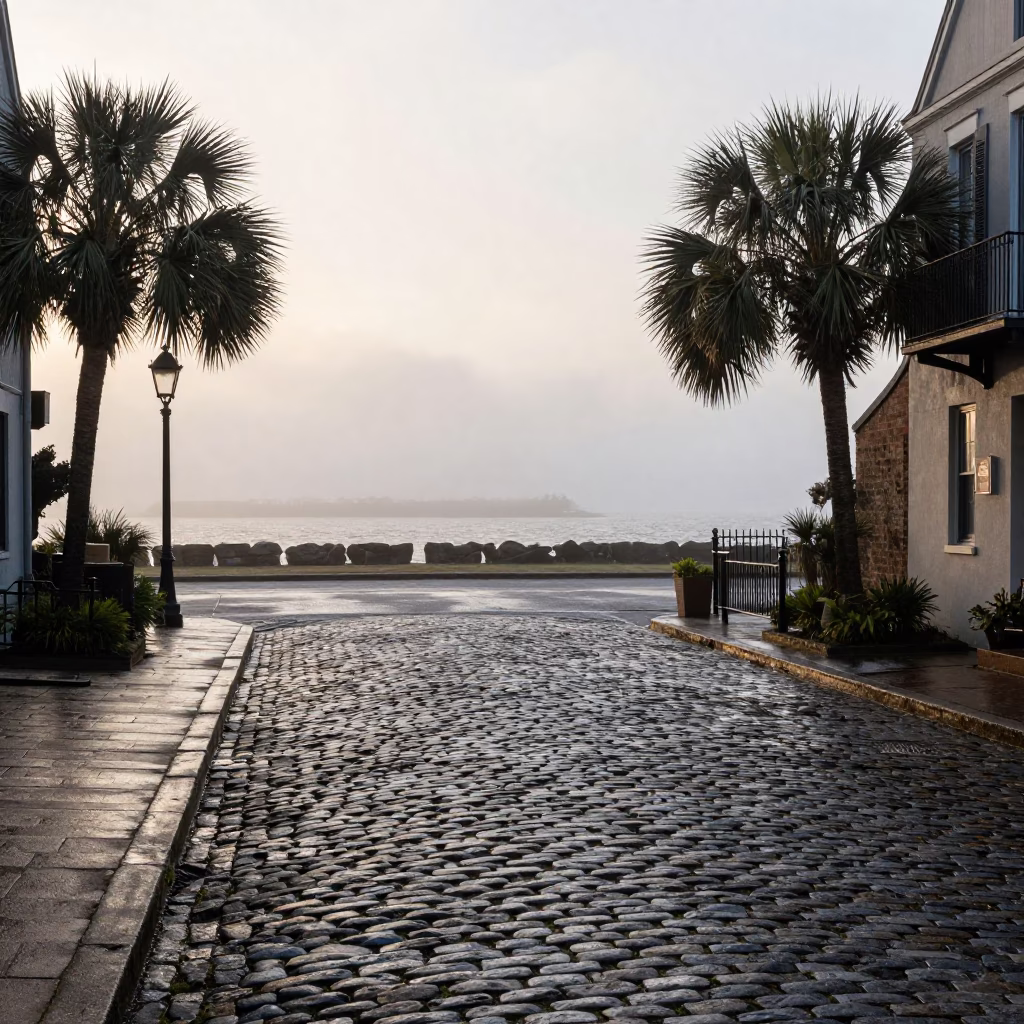 Cobblestone Street in Charleston at The Early Morning Light in in Charleston, South Carolina, United States