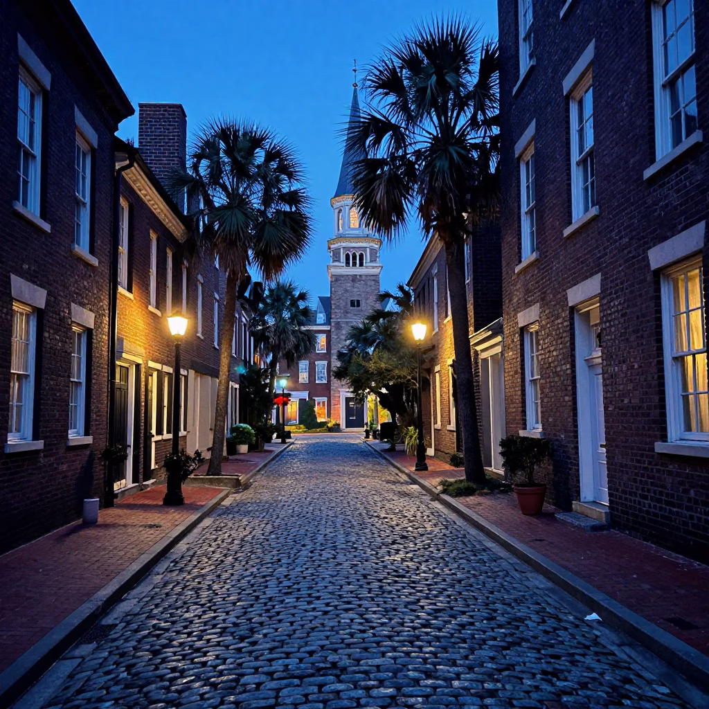 Cobblestone Street in Charleston at The Last Blue Light Of Evening in in Charleston, South Carolina, United States