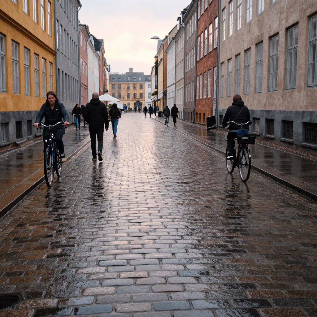 Cobblestone Street in Copenhagen at First Light in in Copenhagen, Denmark