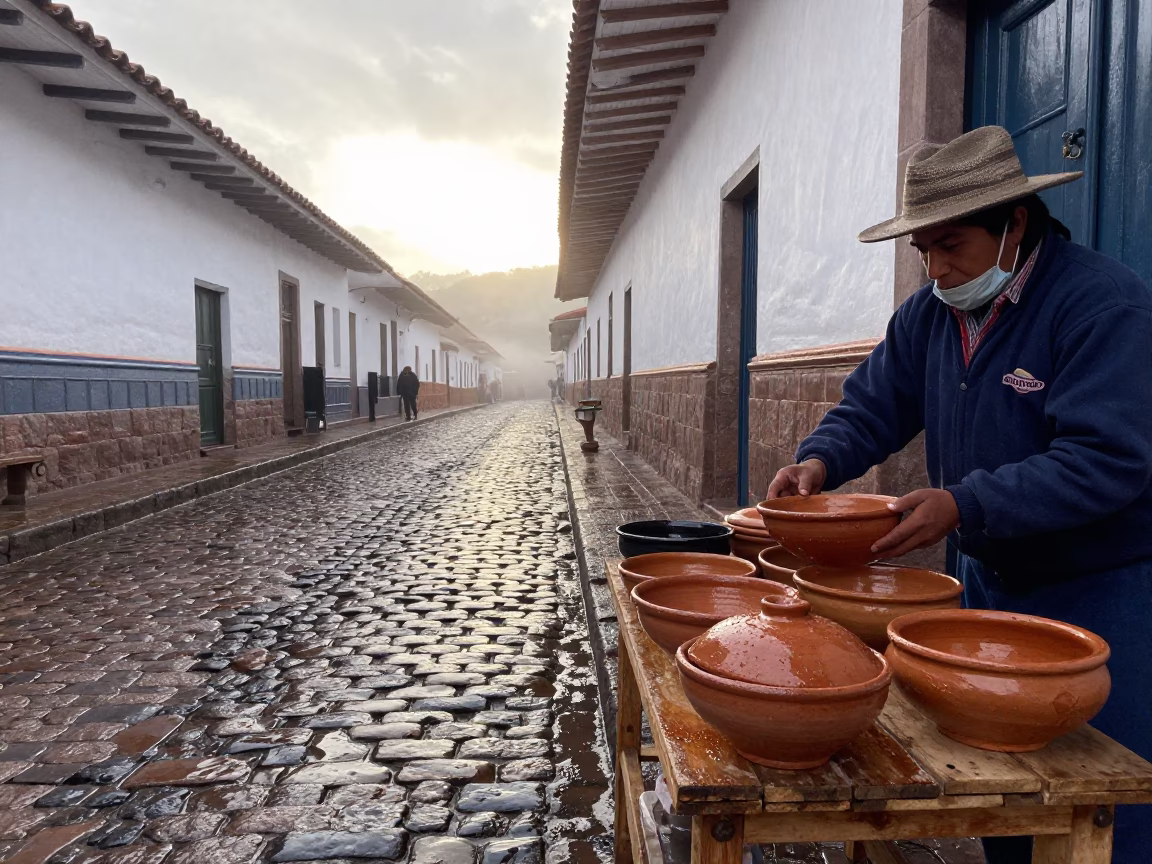 Cobblestone Street in Cusco at First Light in in Cusco, Peru