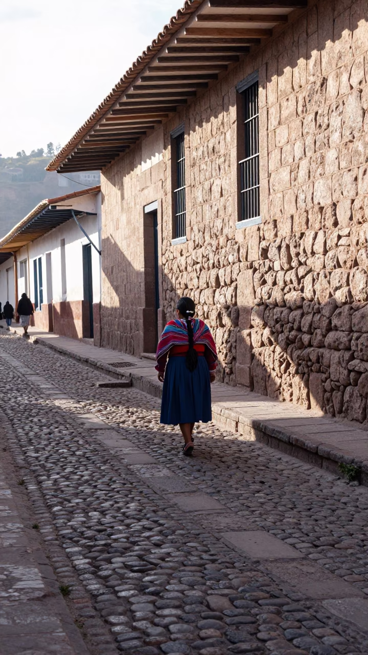 Cobblestone Street in Cusco at The Late Morning Light in in Cusco, Peru