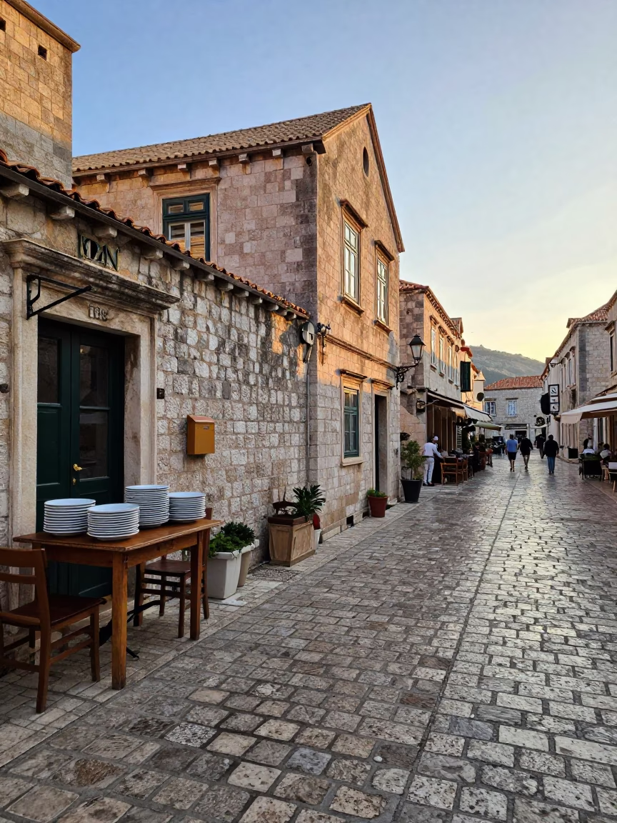 Cobblestone Street in Dubrovnik at As First Light Reaches The Scene in in Dubrovnik, Croatia