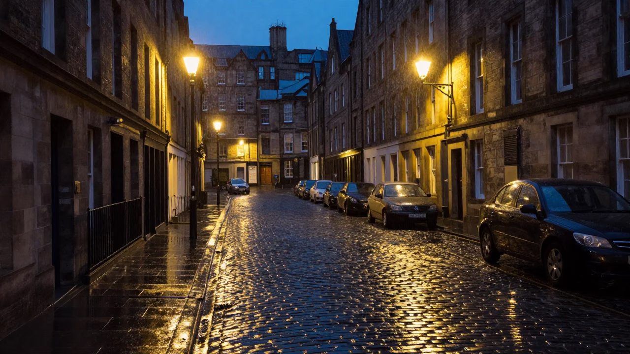 Cobblestone Street in Edinburgh at Deep In The Night Light in in Edinburgh, United Kingdom