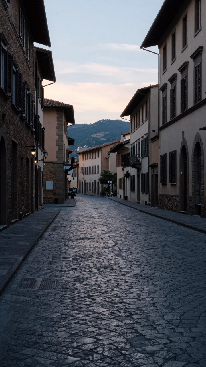 Cobblestone Street in Florence at Nautical Dawn Light in in Florence, Italy