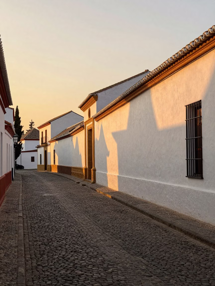 Cobblestone Street in Granada at Honeyed Evening Light in in Granada, Spain