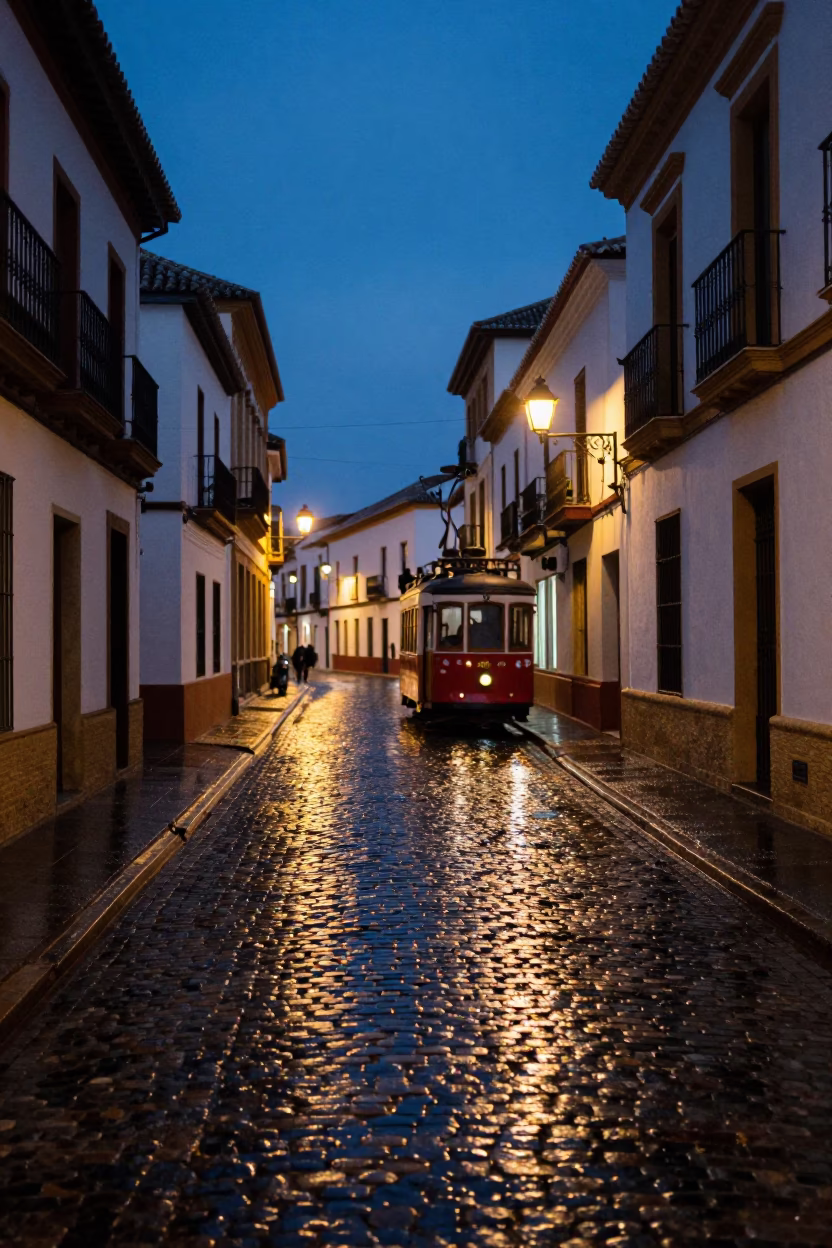 Cobblestone Street in Granada at Indigo Twilight After Sunset in in Granada, Spain