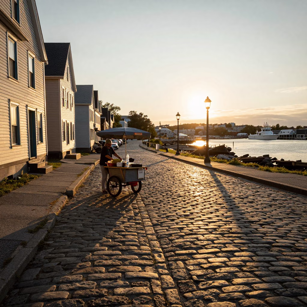 Cobblestone Street in Halifax at Golden Hour in in Halifax, Nova Scotia, Canada