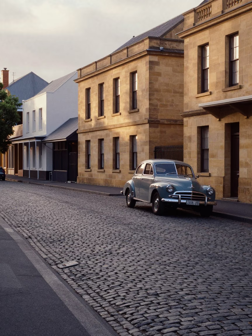 Cobblestone Street in Hobart at As First Light Reaches The Scene in in Hobart, Tasmania, Australia
