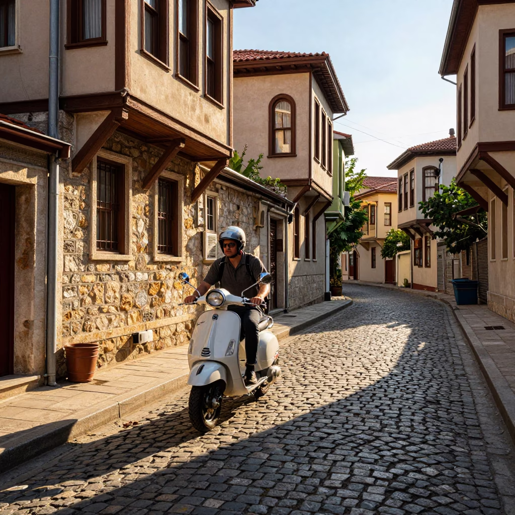 Cobblestone Street in Istanbul at Clear Late-afternoon Light in in Istanbul, Turkey