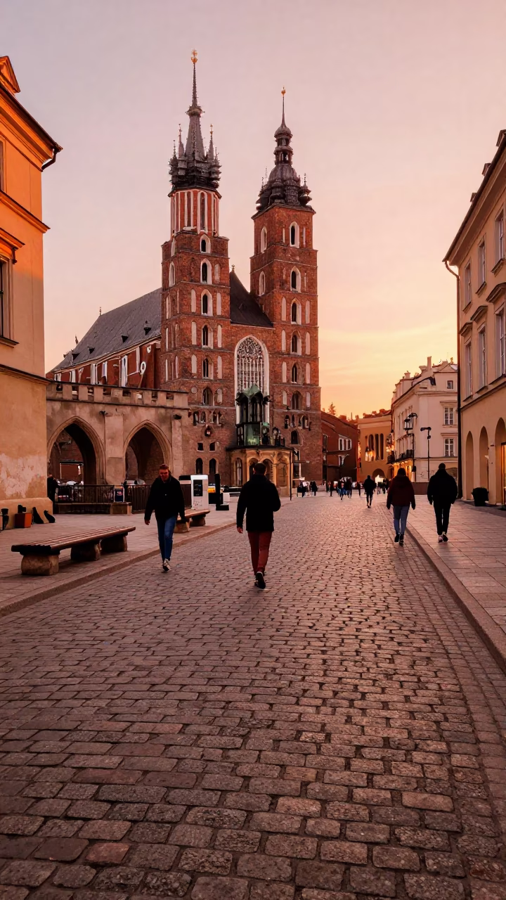 Cobblestone Street in Krakow at Copper-toned Light Before Dusk in in Krakow, Poland