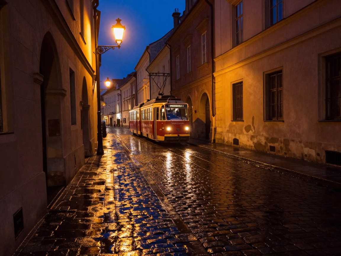 Cobblestone Street in Krakow at Deep In The Night Light in in Krakow, Poland
