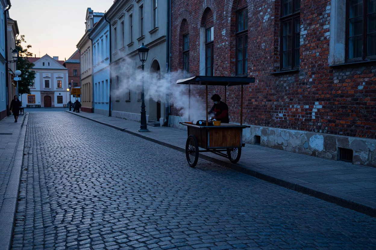 Cobblestone Street in Krakow Before Sunrise with Vintage 1970s Atmosphere in in Krakow, Poland