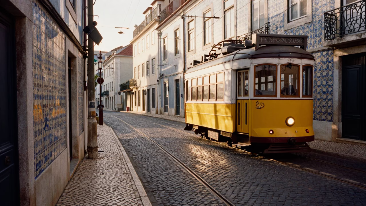Cobblestone Street in Lisbon at Clear Late-afternoon Light in in Lisbon, Portugal