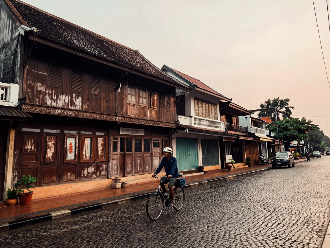 Cobblestone Street in Phnom Penh at First Light in in Phnom Penh, Cambodia