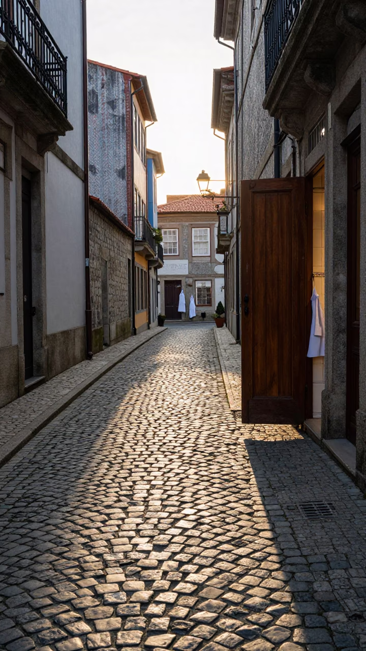 Cobblestone Street in Porto at As First Light Reaches The Scene in in Porto, Portugal