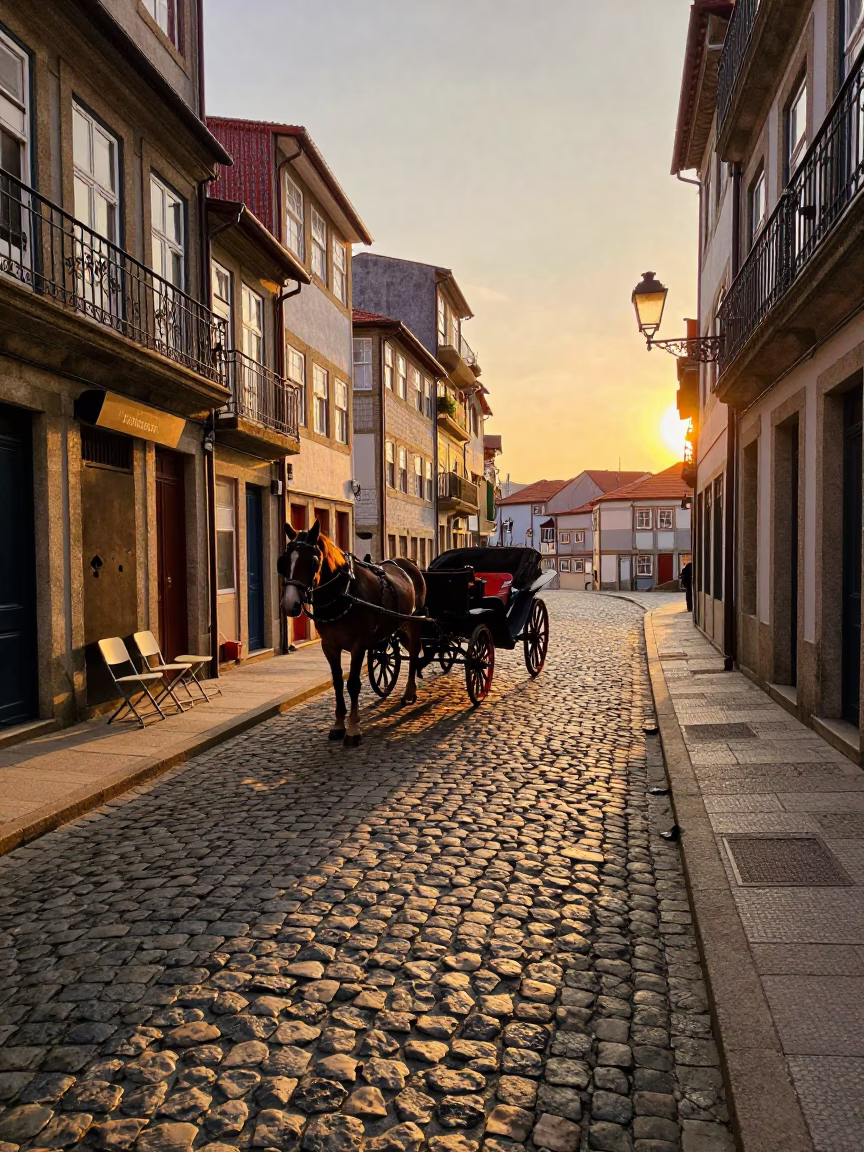 Cobblestone Street in Porto at Honeyed Evening Light in in Porto, Portugal