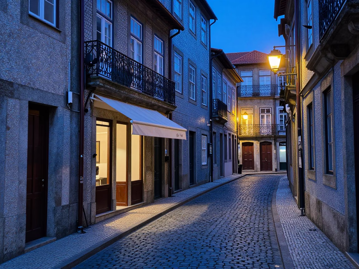 Cobblestone Street in Porto at The Last Blue Light Of Evening in in Porto, Portugal