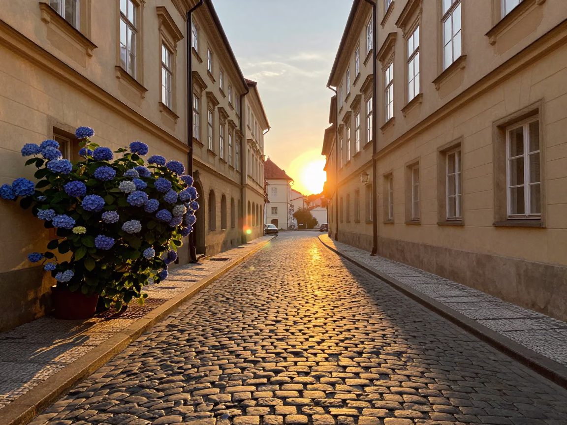 Cobblestone Street in Prague at As The Sun Drops Toward The Horizon in in Prague, Czech Republic