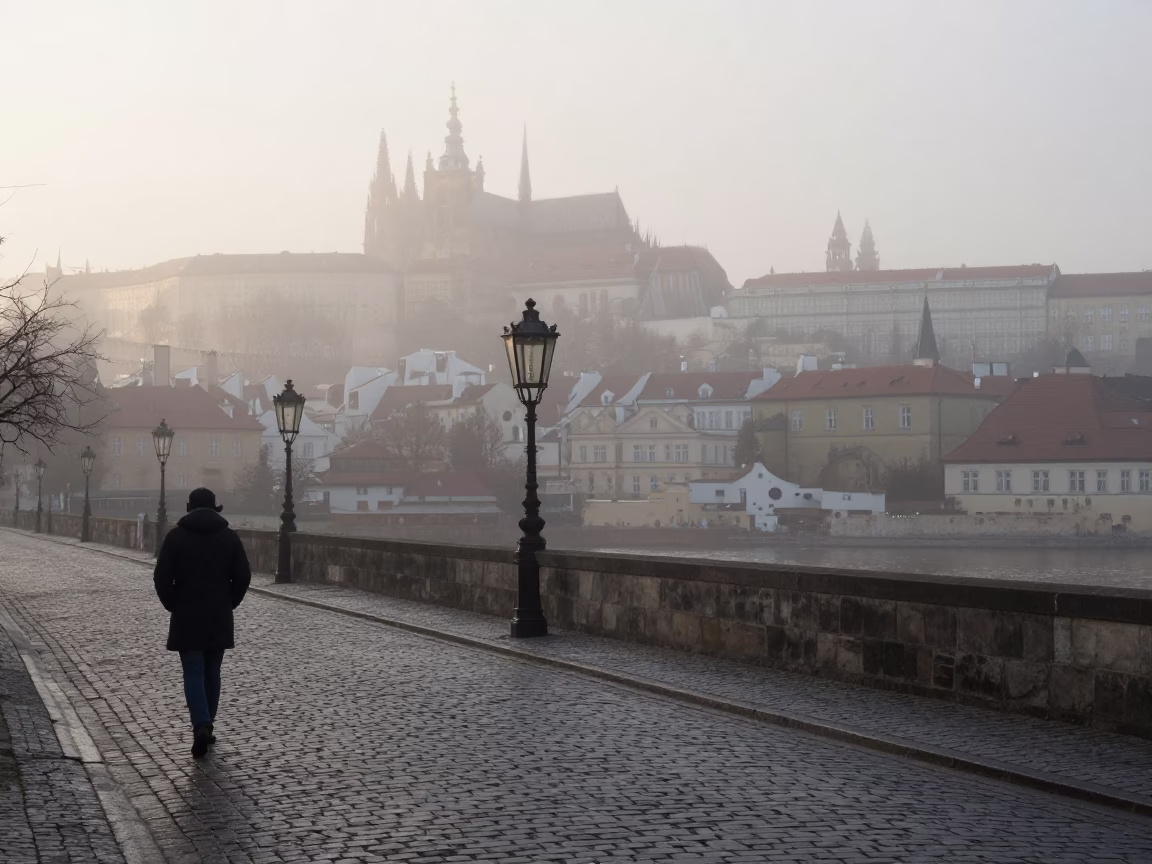 Cobblestone Street in Prague at Dawn Light in in Prague, Czech Republic