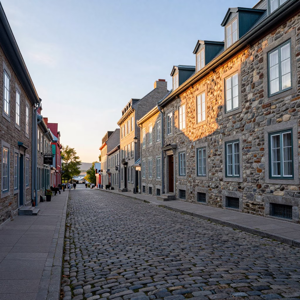 Cobblestone Street in Quebec City at As First Light Reaches The Scene in in Quebec City, Quebec, Canada