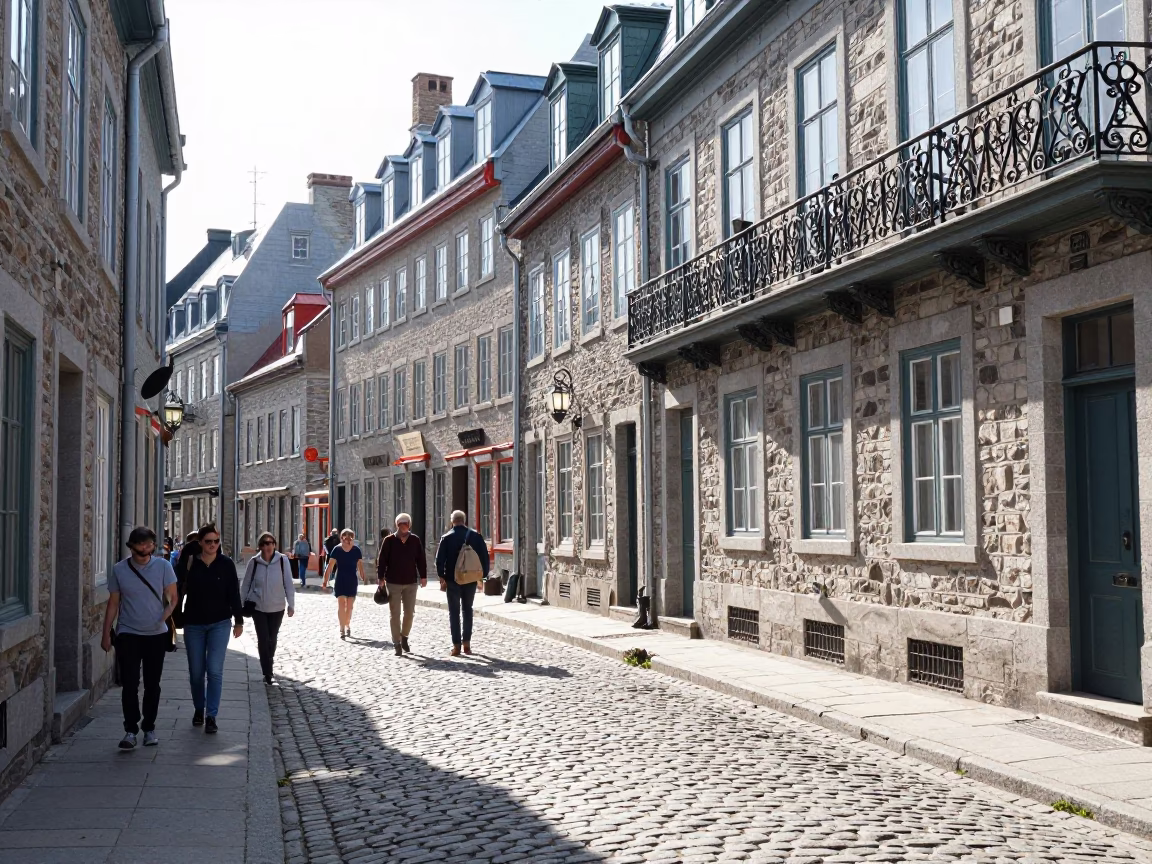 Cobblestone Street in Quebec City at Bright Midmorning Light in in Quebec City, Quebec, Canada