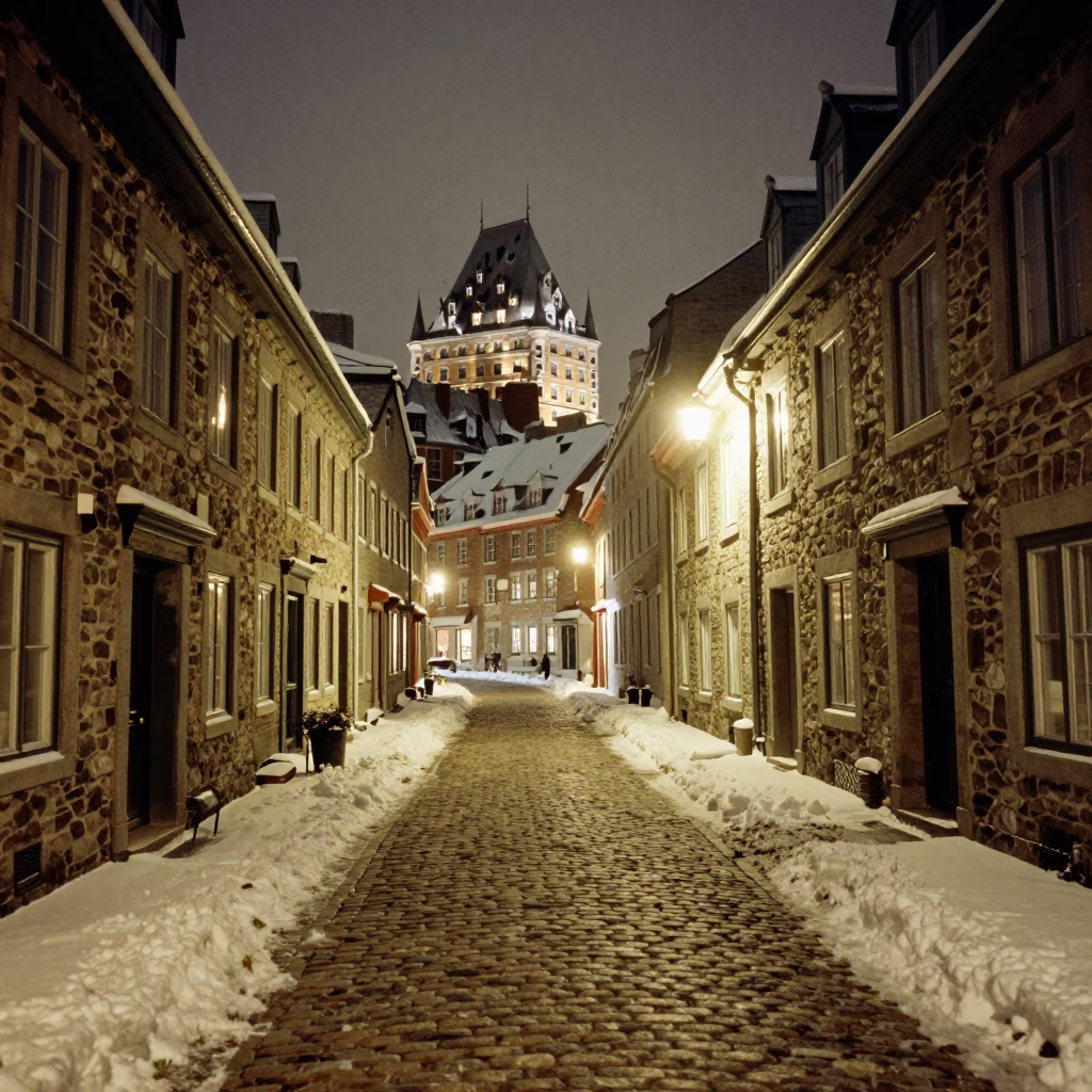 Cobblestone Street in Quebec City at Deep In The Night Light in in Quebec City, Quebec, Canada
