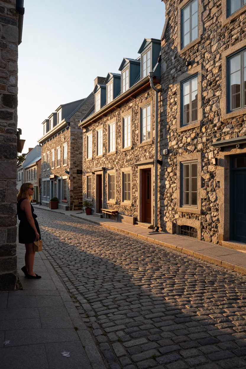 Cobblestone Street in Quebec City at Golden Hour in in Quebec City, Quebec, Canada