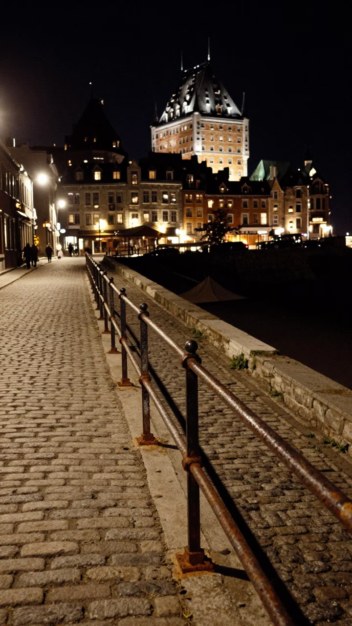 Cobblestone Street in Quebec City at Late At Night Light in in Quebec City, Quebec, Canada