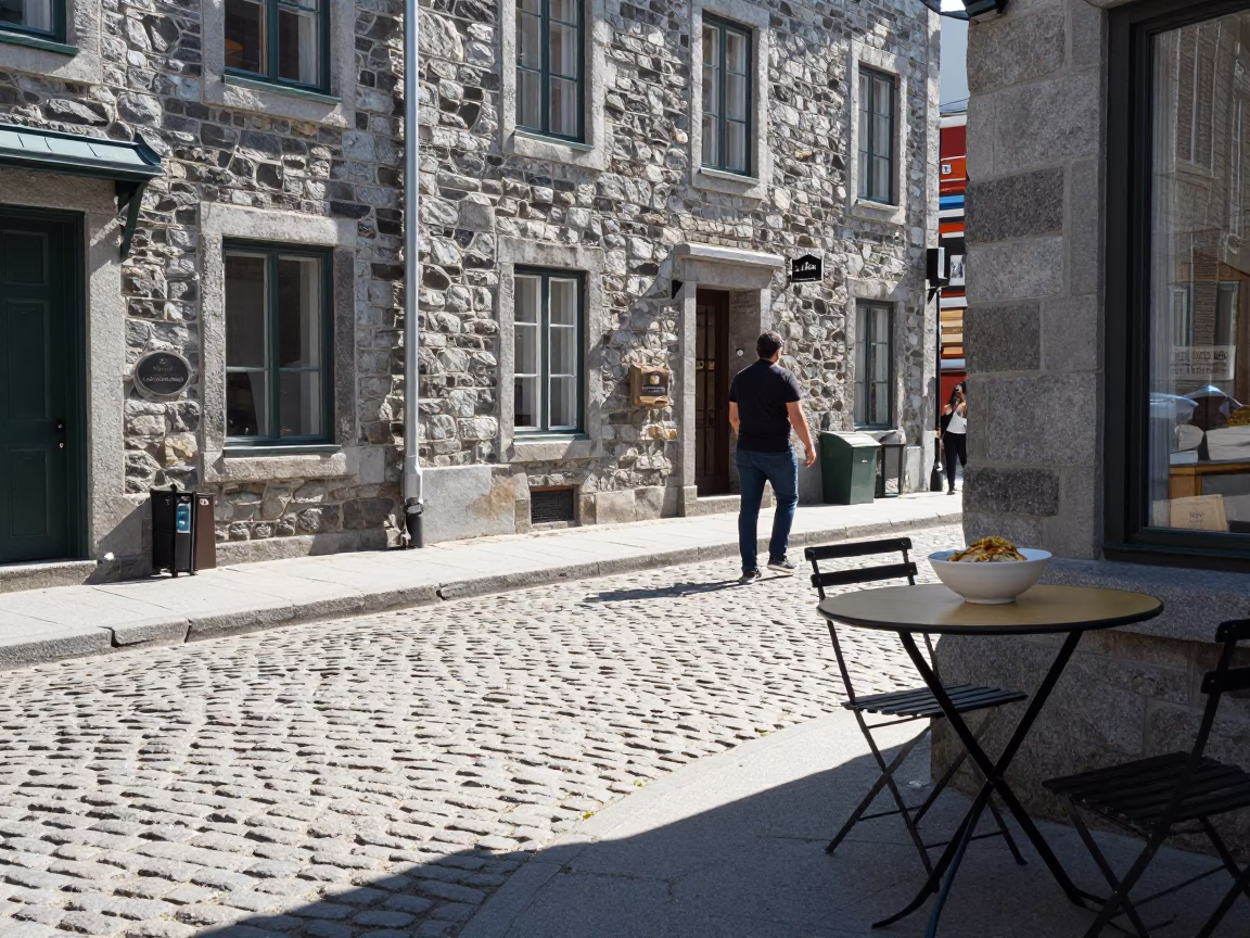 Cobblestone Street in Quebec City at The Flat Glare Of Noon Light in in Quebec City, Quebec, Canada
