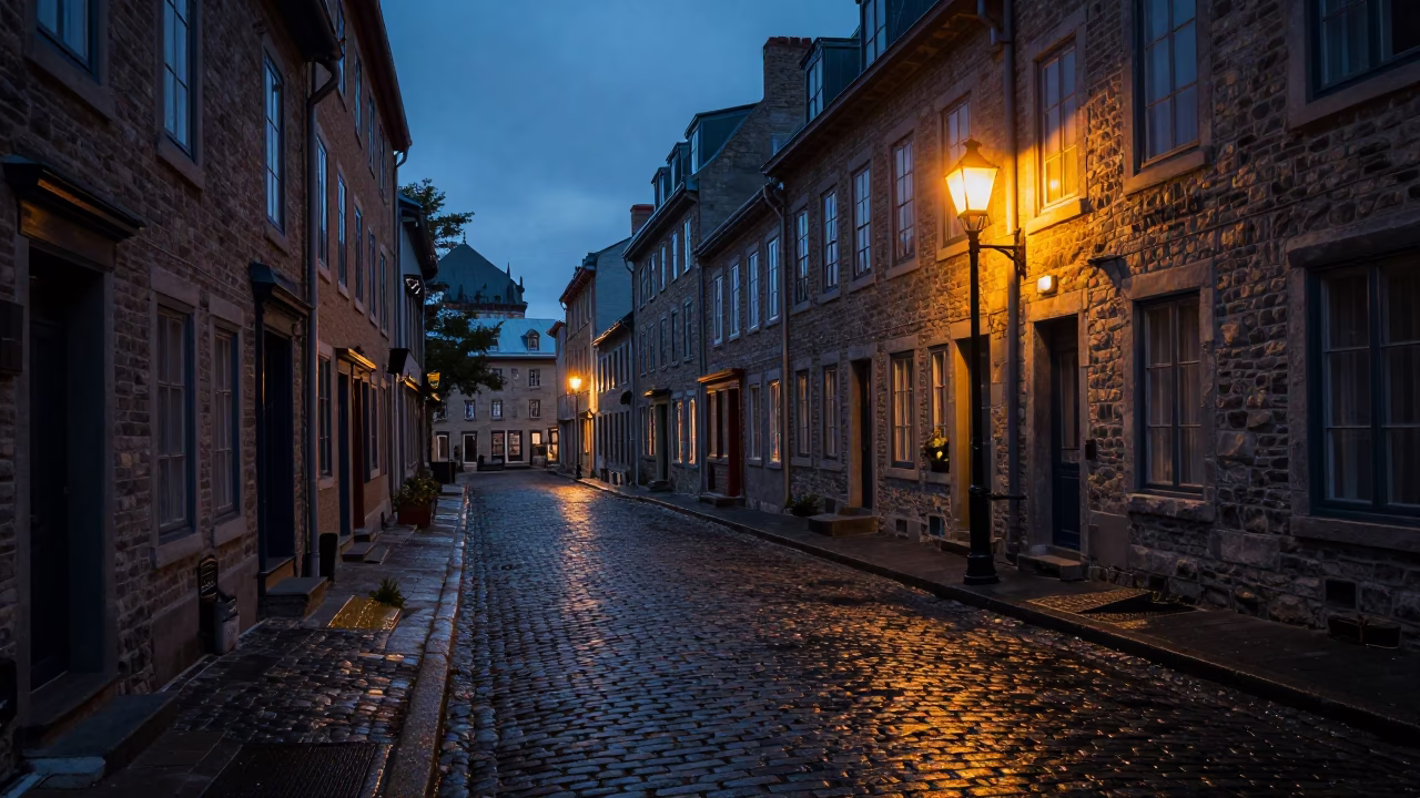 Cobblestone Street in Quebec City at The Predawn Darkness Light in in Quebec City, Quebec, Canada