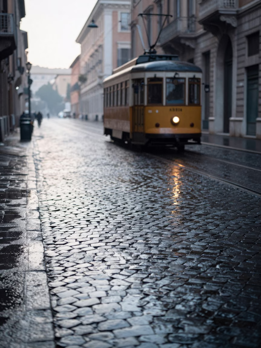 Cobblestone Street in Rome at Sunrise Light in in Rome, Italy