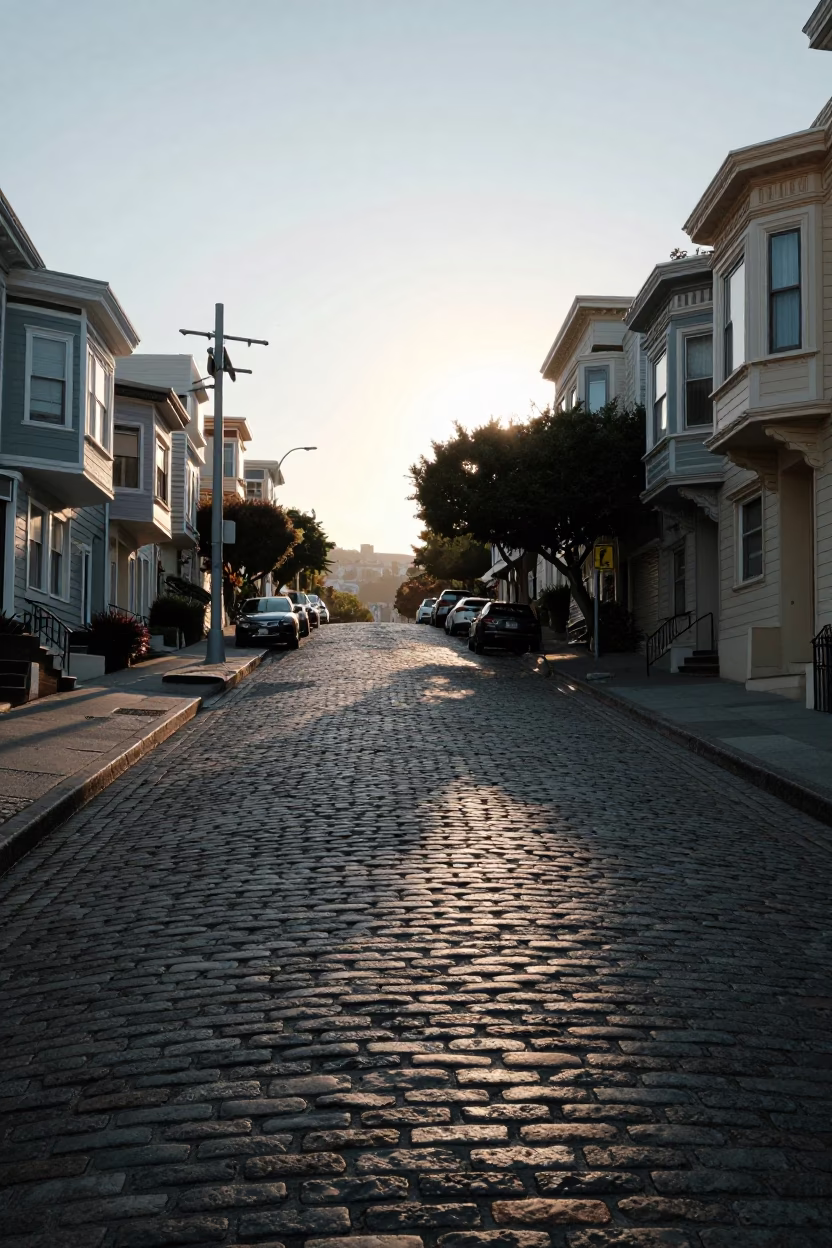 Cobblestone Street in San Francisco at As First Light Reaches The Scene in in San Francisco, California, United States