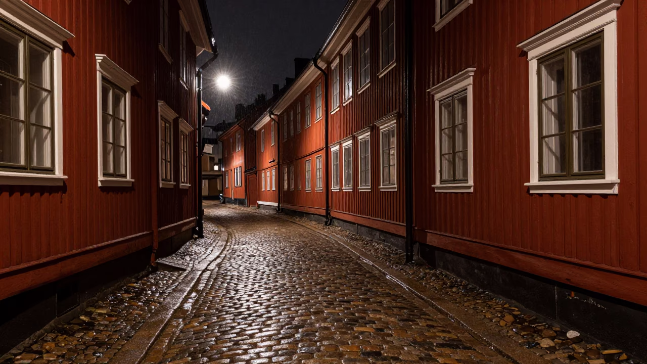 Cobblestone Street in Stockholm at Deep In The Night Light in in Stockholm, Sweden