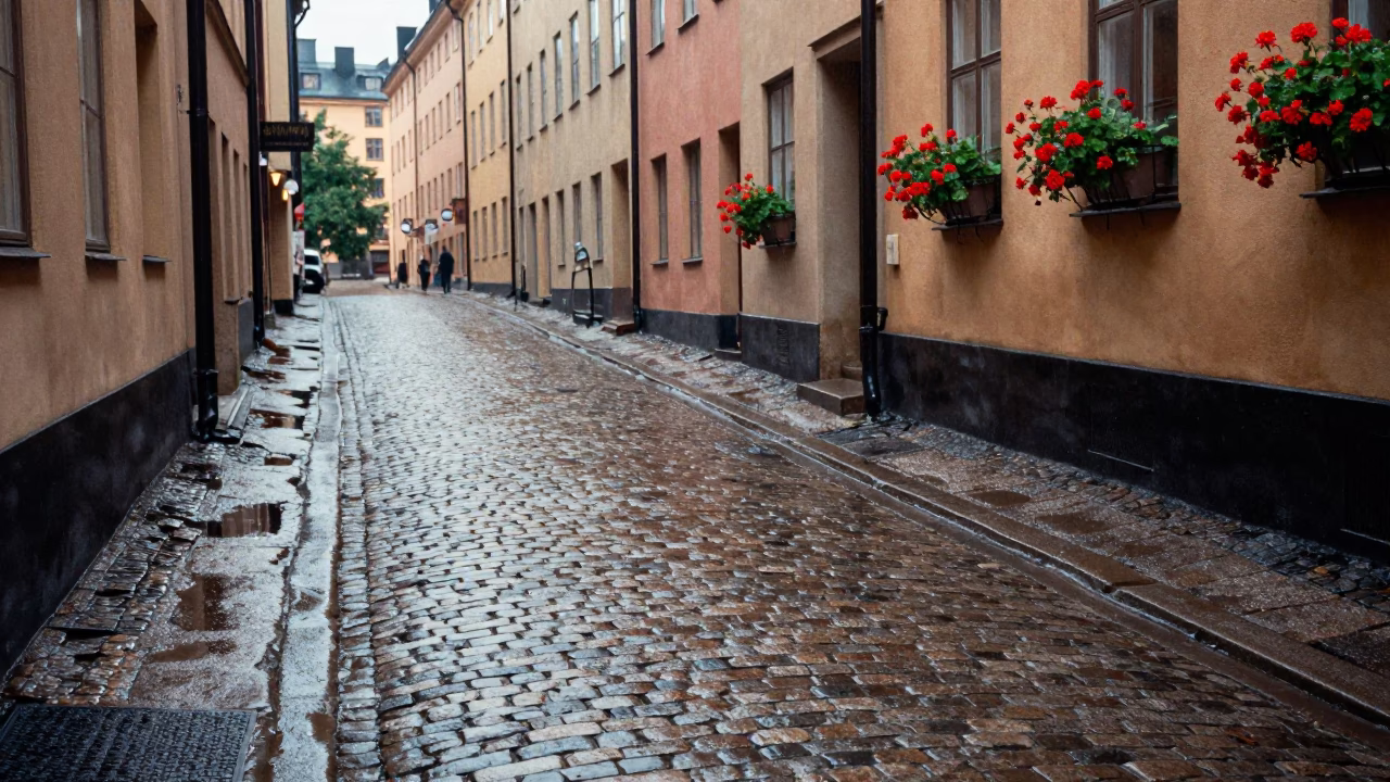 Cobblestone Street in Stockholm at First Light in in Stockholm, Sweden