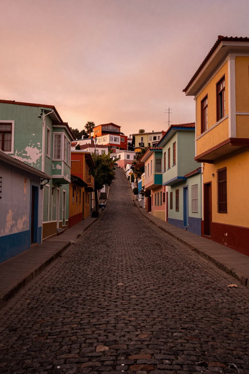 Cobblestone Street in Valparaiso at Copper-toned Light Before Dusk in in Valparaiso, Chile