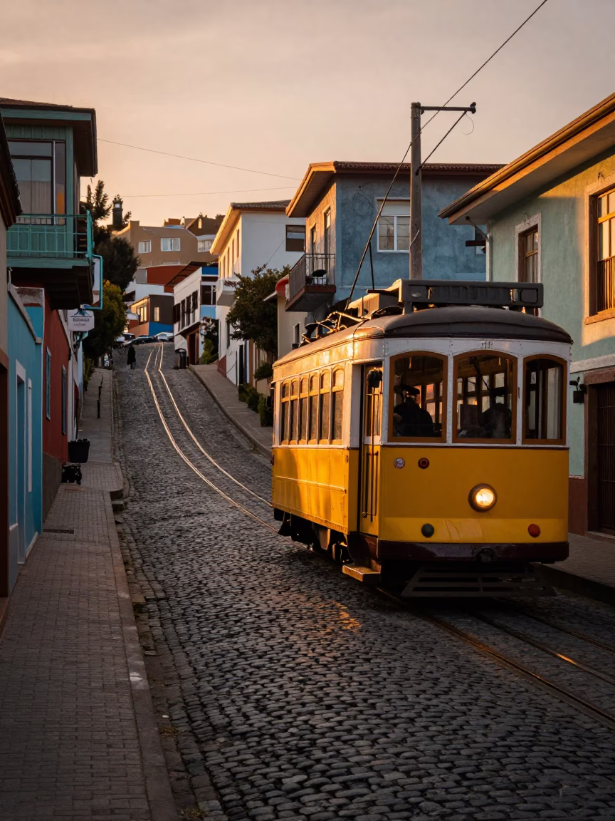 Cobblestone Street in Valparaiso at Sunset Light in in Valparaiso, Chile