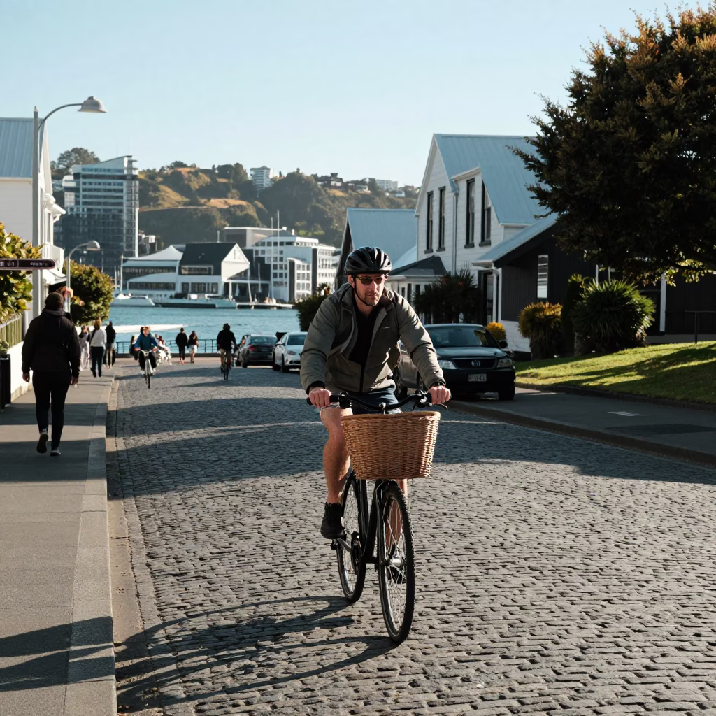 Cobblestone Street in Wellington at Clear Late-afternoon Light in in Wellington, New Zealand