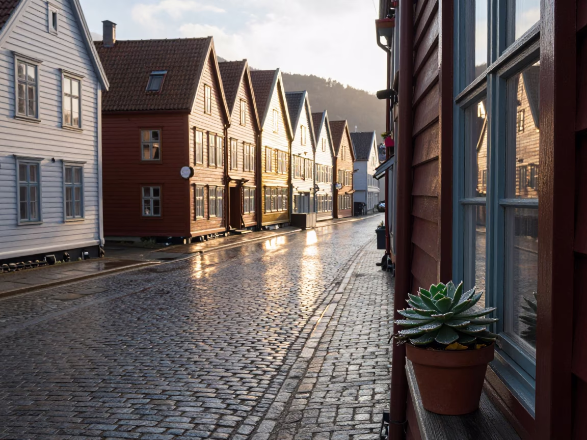 Cobblestone Street just after sunrise in Bergen in in Bergen, Norway