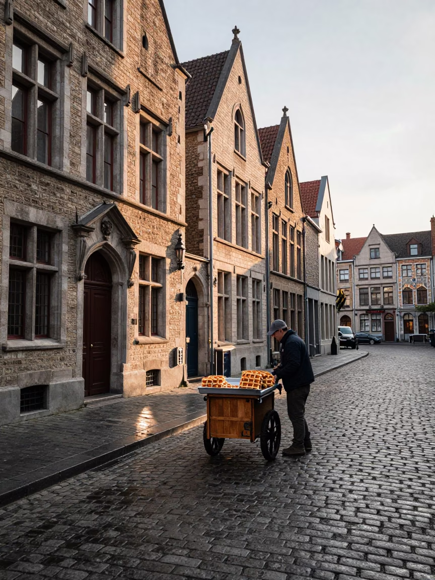 Cobblestone Street just after sunrise in Brussels in in Brussels, Belgium