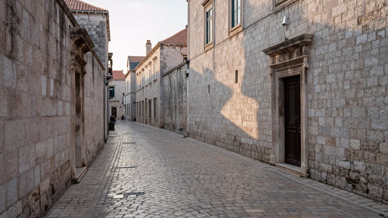 Cobblestone Street just after sunrise in Dubrovnik in in Dubrovnik, Croatia