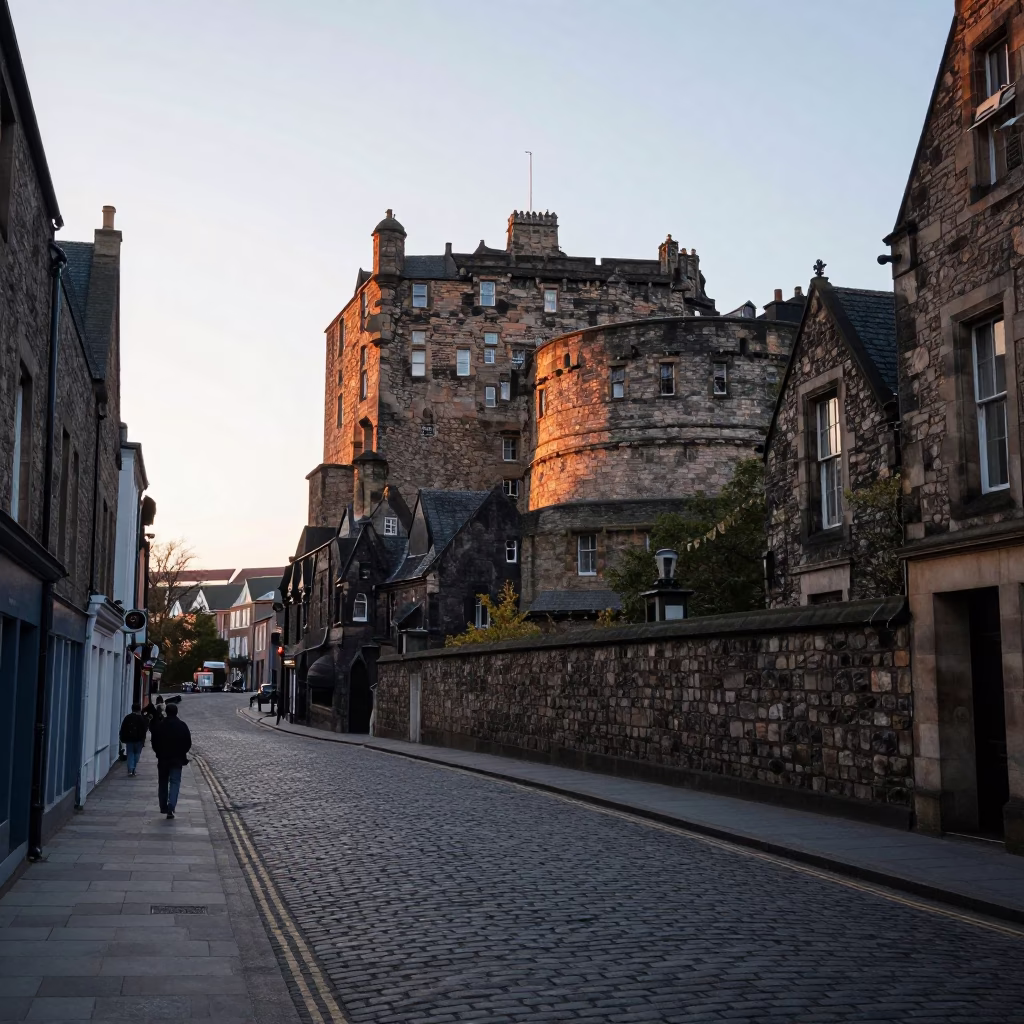 Cobblestone Street just after sunrise in Edinburgh in in Edinburgh, United Kingdom